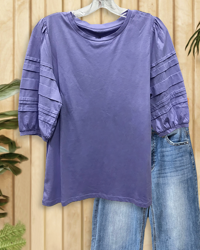 Solid Color On-trend Pleated Puff Sleeve Blouse-S.fashion