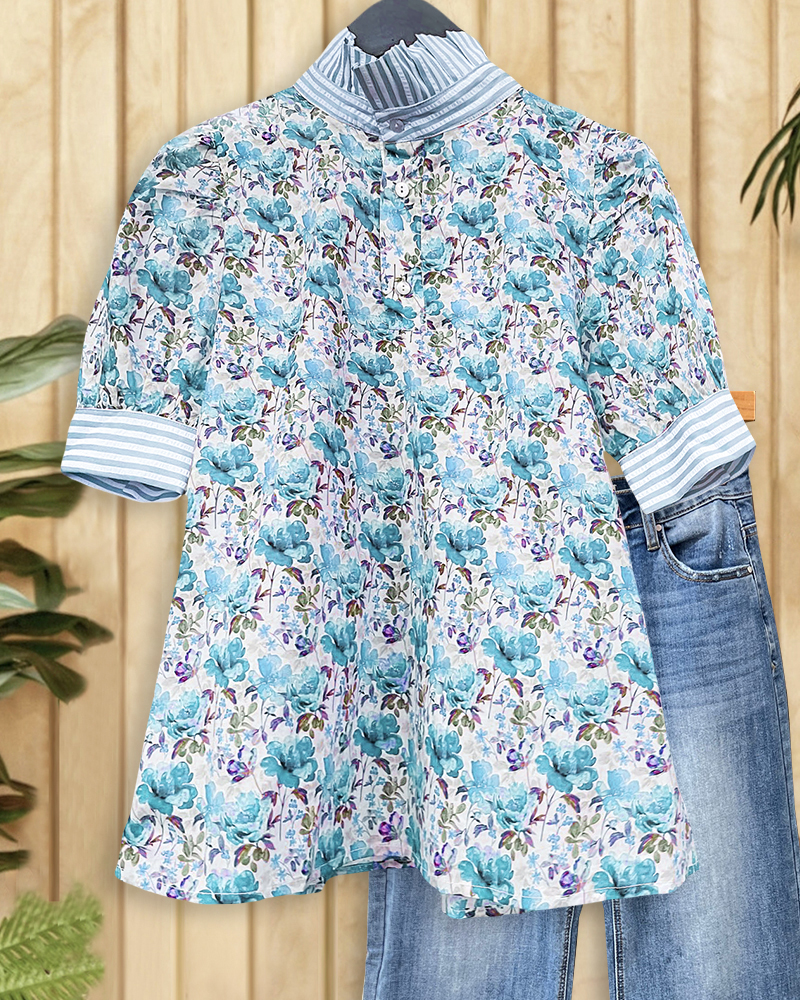 Striped Patchwork Ruffled Collar Chic Floral Print T-Shirt-S.fashion