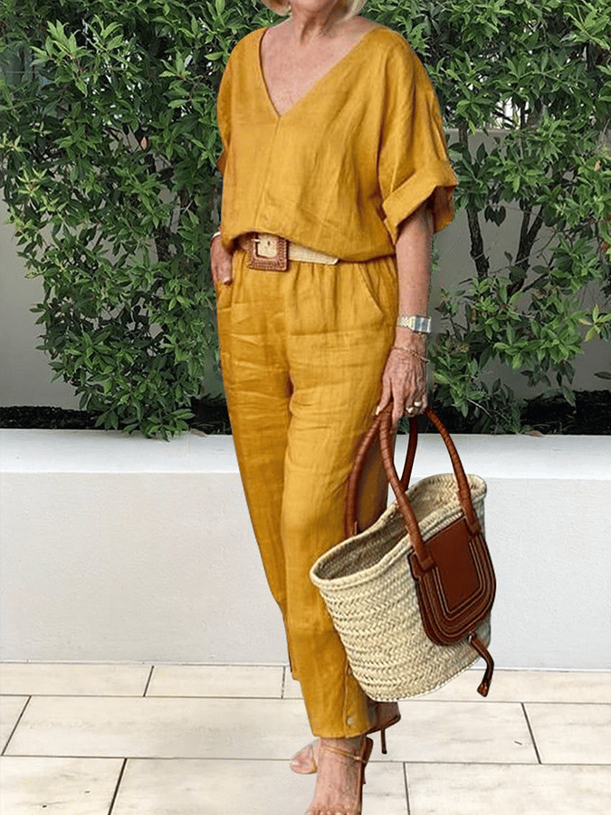 Women's Casual Cotton Linen V-Neck T-Shirt and Pants Suit-S.fashion