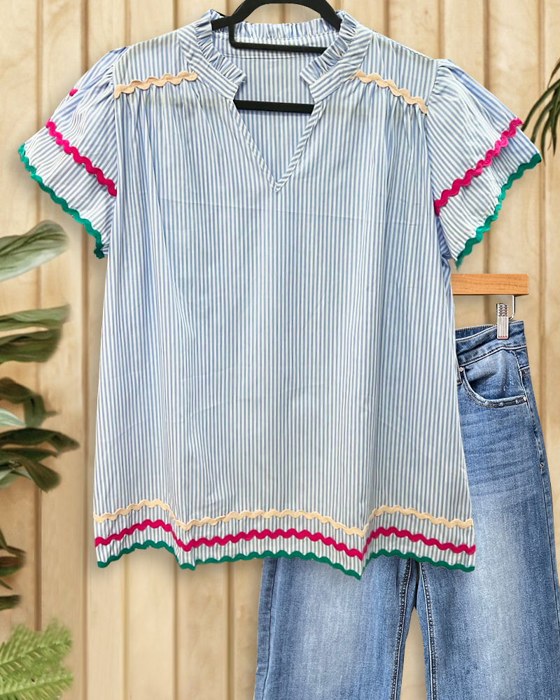 Patchwork Striped Smart Ruffle Sleeve Blouse-S.fashion