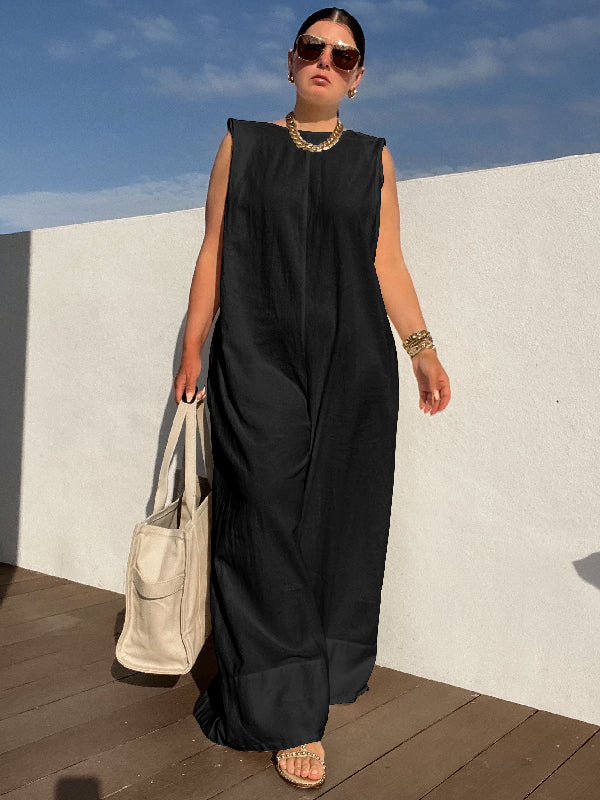 Sleeveless Wide Leg Shoulder Pad Solid Color Jumpsuits-S.fashion