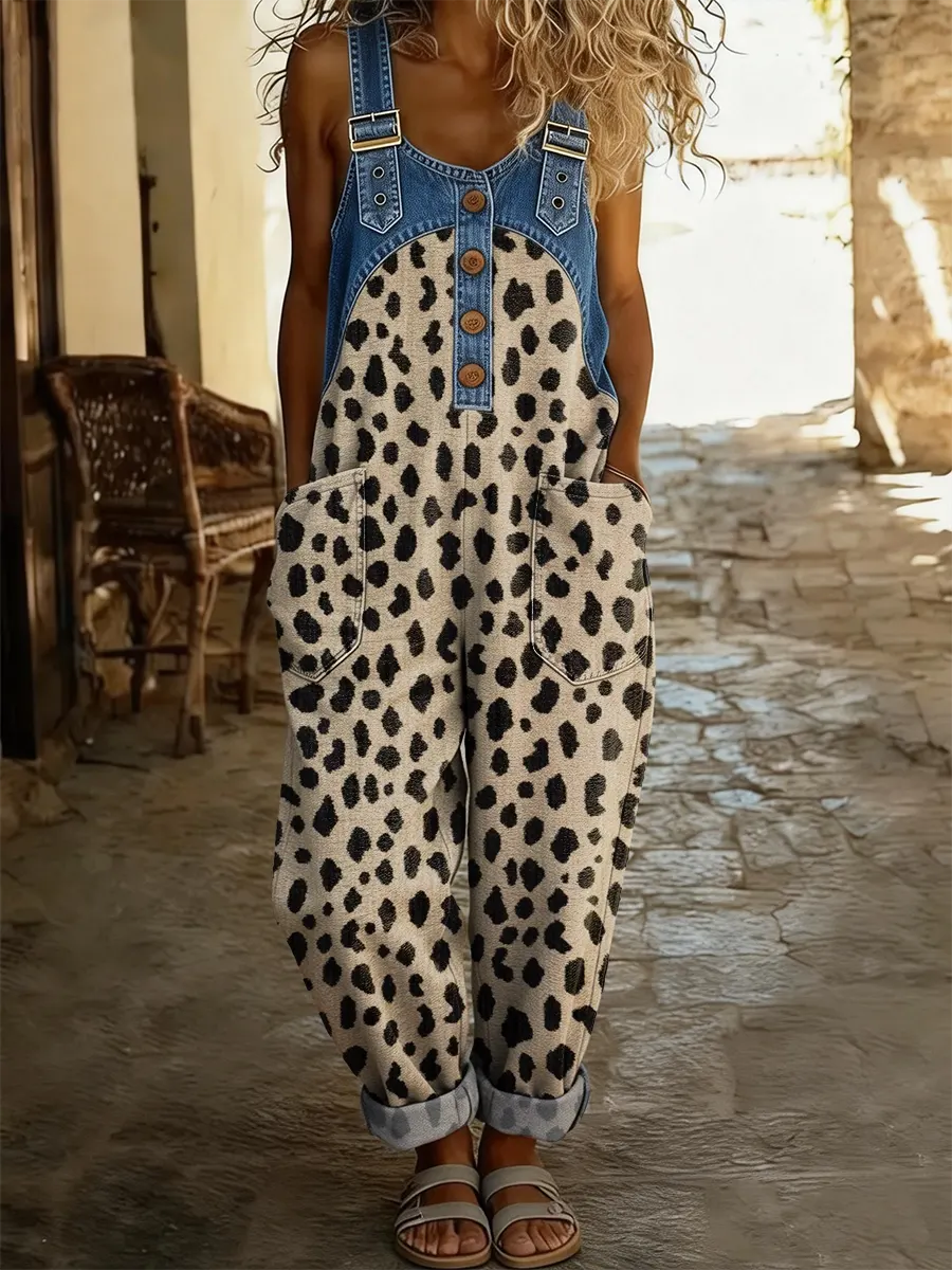 Ethnicity Leopard Print Pattern Women's Casual Washed Cotton Denim Patchwork Jumpsuit-S.fashion