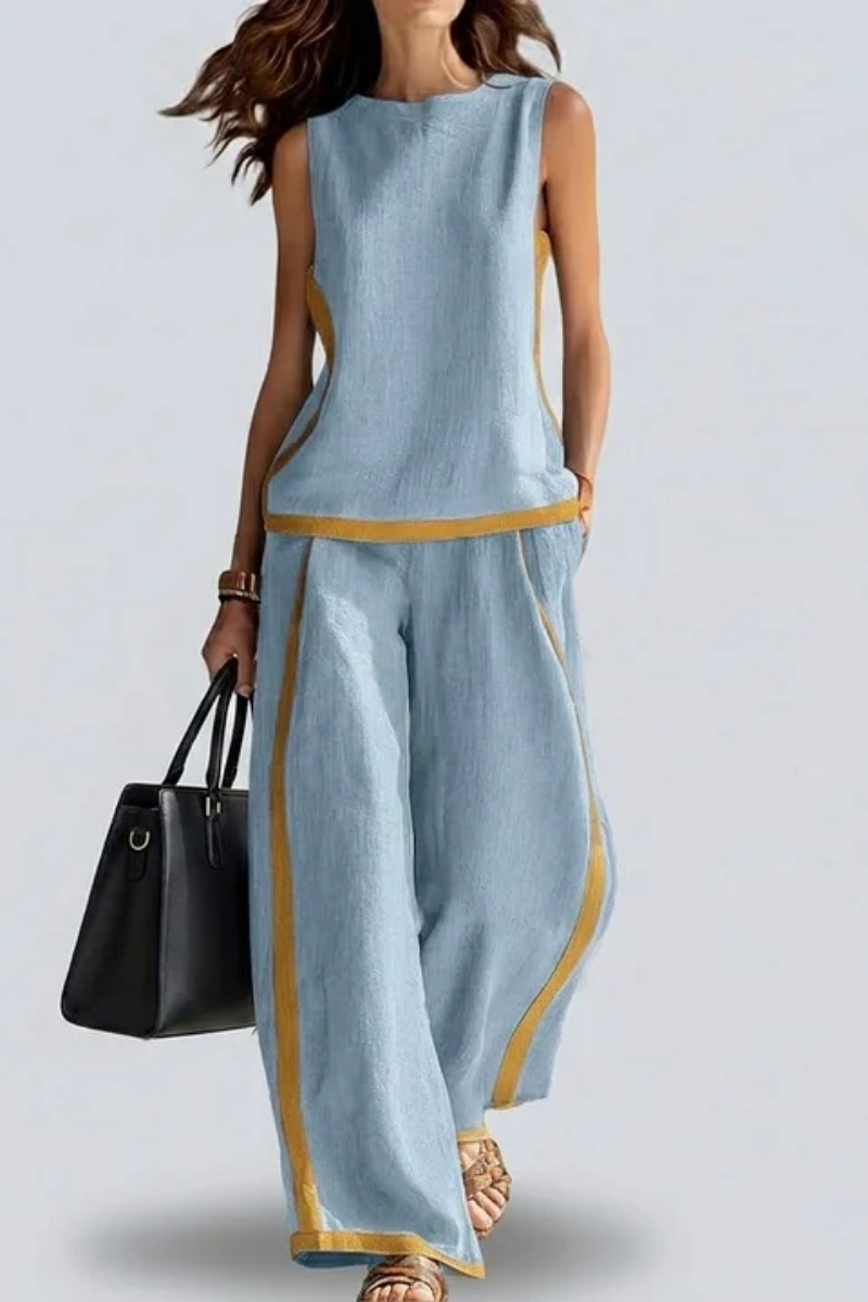 Women's Two Tone Trim Vest & Wide Leg Pants 2Pcs Set
