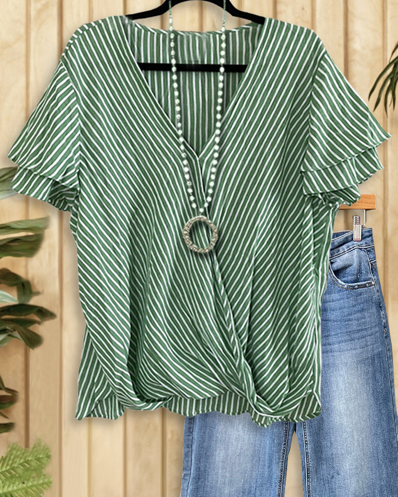 Stripe Unique Asymmetric Tiered Ruffle Sleeve T-Shirt-S.fashion