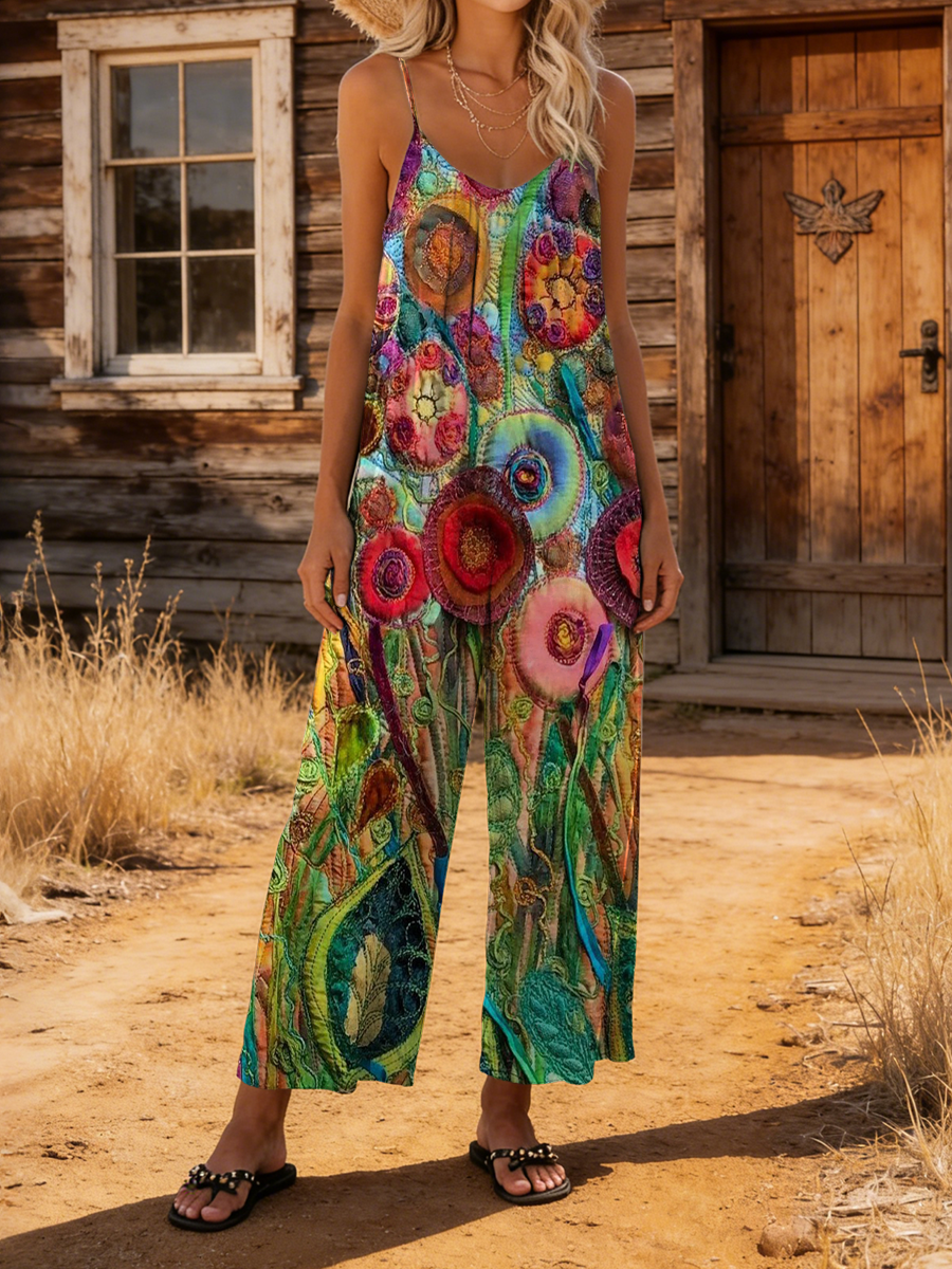Women's Retro Colorful Floral Art Print Casual Suspender Jumpsuit-S.fashion