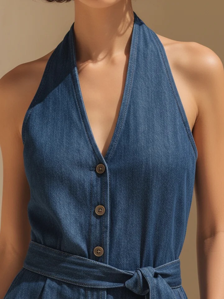 Navy Blue Tencel Denim Halter Neck Wide-Leg Jumpsuit-S.fashion
