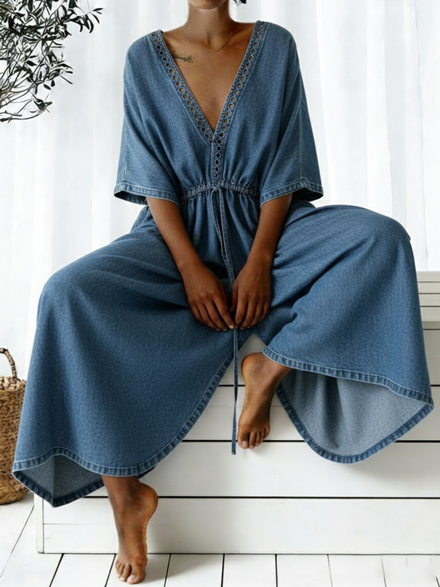 Casual V-neck Loose-fitting Drawstring Waist Denim Jumpsuit-S.fashion