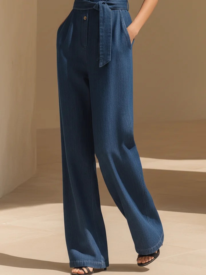 Navy Blue Tencel Denim Halter Neck Wide-Leg Jumpsuit-S.fashion