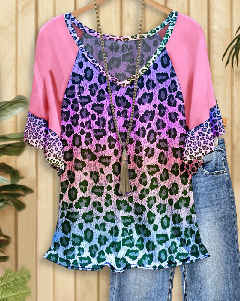 Patchwork Gradient Leopard Print Modern Raglan Sleeve T-Shirt-S.fashion