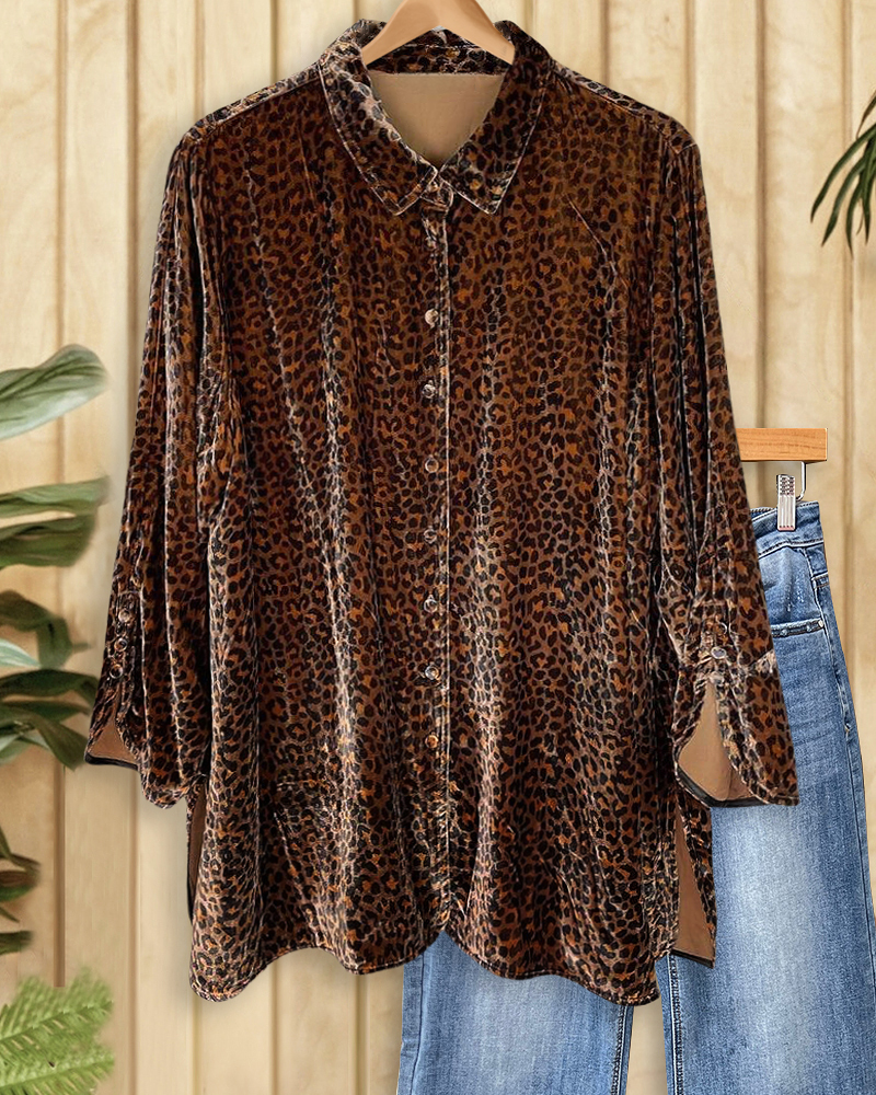 Leopard Print Velvet Laid Back Button Down Blouse-S.fashion