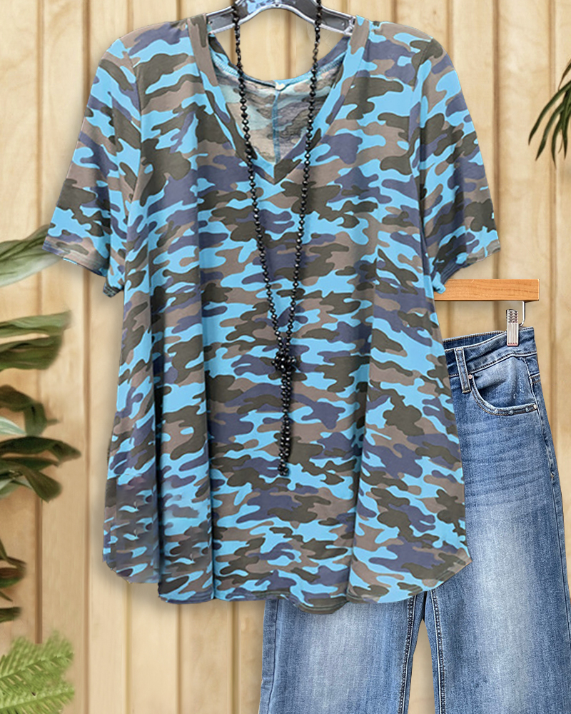 Camouflage Print Crew Neck Short-Sleeved Tee-S.fashion