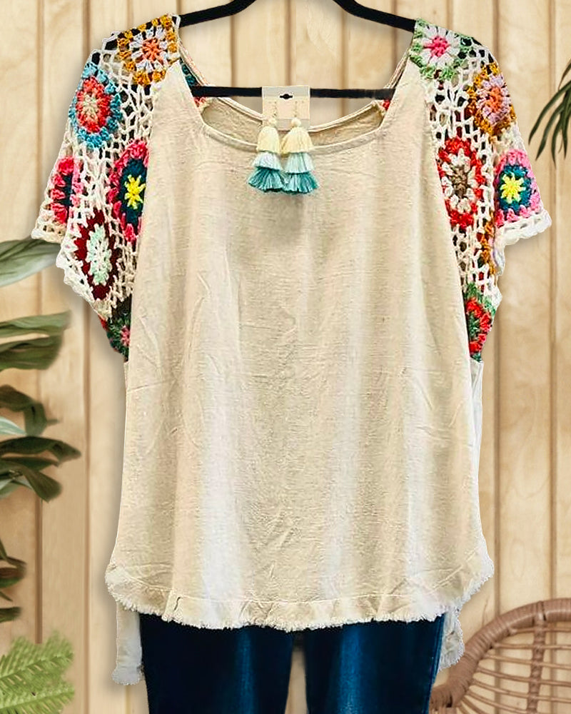 Floral Crochet Patchwork Relaxed Round Neck T-Shirt-S.fashion