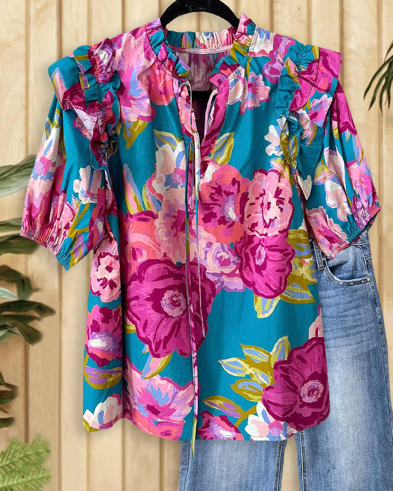 Floral Print Romantic Tie Neck Ruffled Shoulder T-Shirt-S.fashion