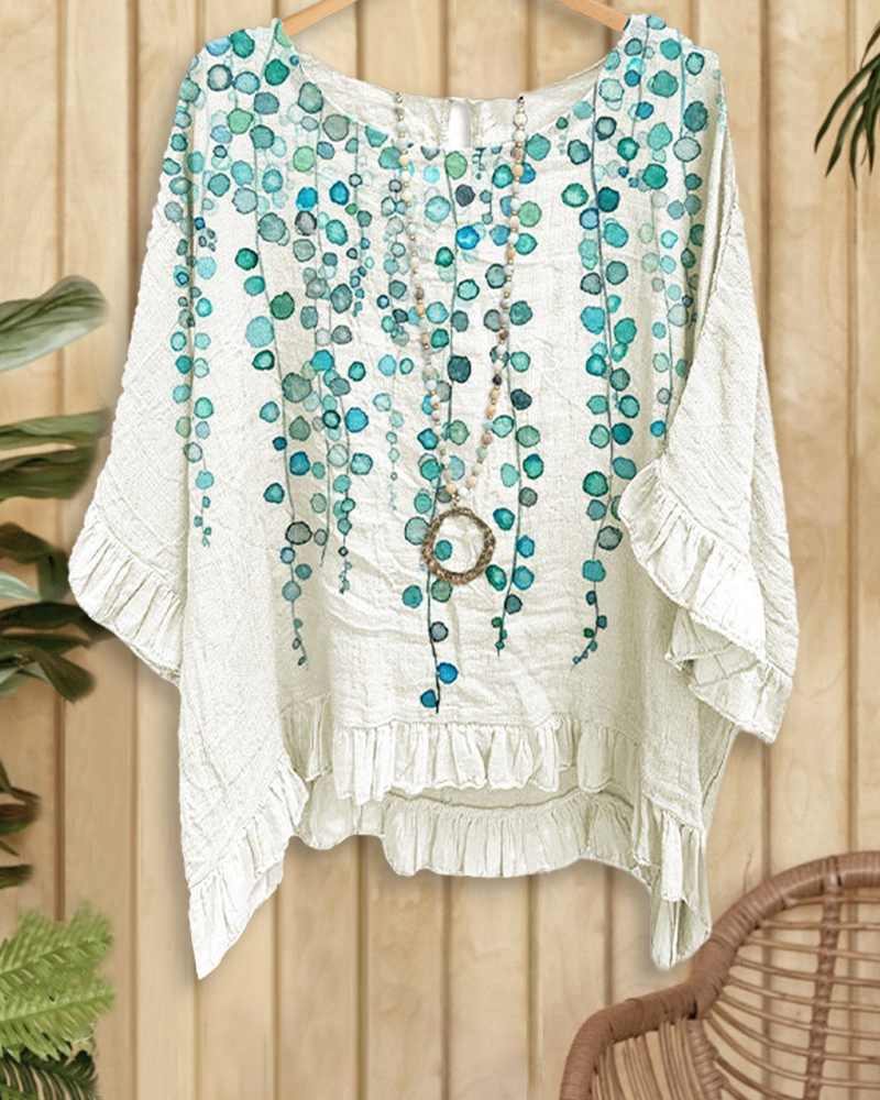 Wisteria Print Ruffled Sleeve Blouse-S.fashion