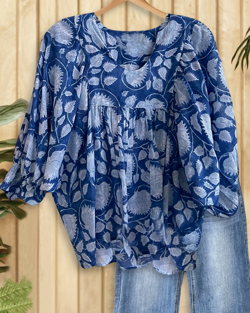 Vintage Floral Print Boho V Neck Blouse-S.fashion