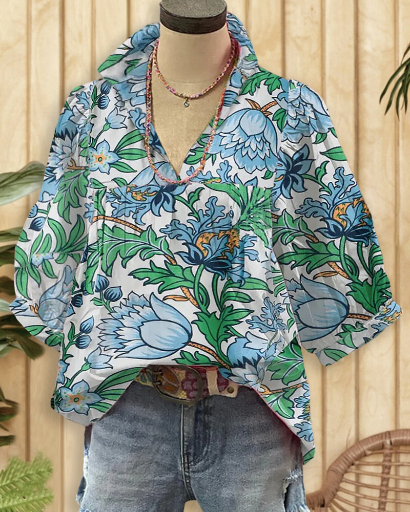 Floral Print Laid Back V Neck T-Shirt-S.fashion