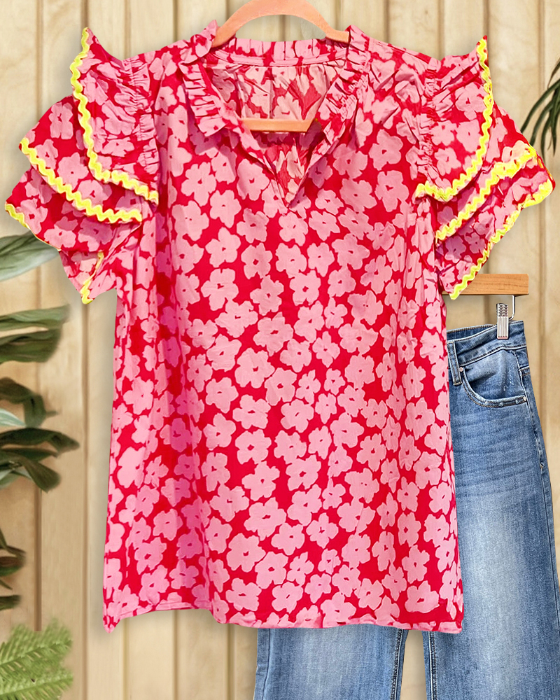 Contrasting Floral Print Patchwork Pretty Tiered Sleeve T-Shirt-S.fashion