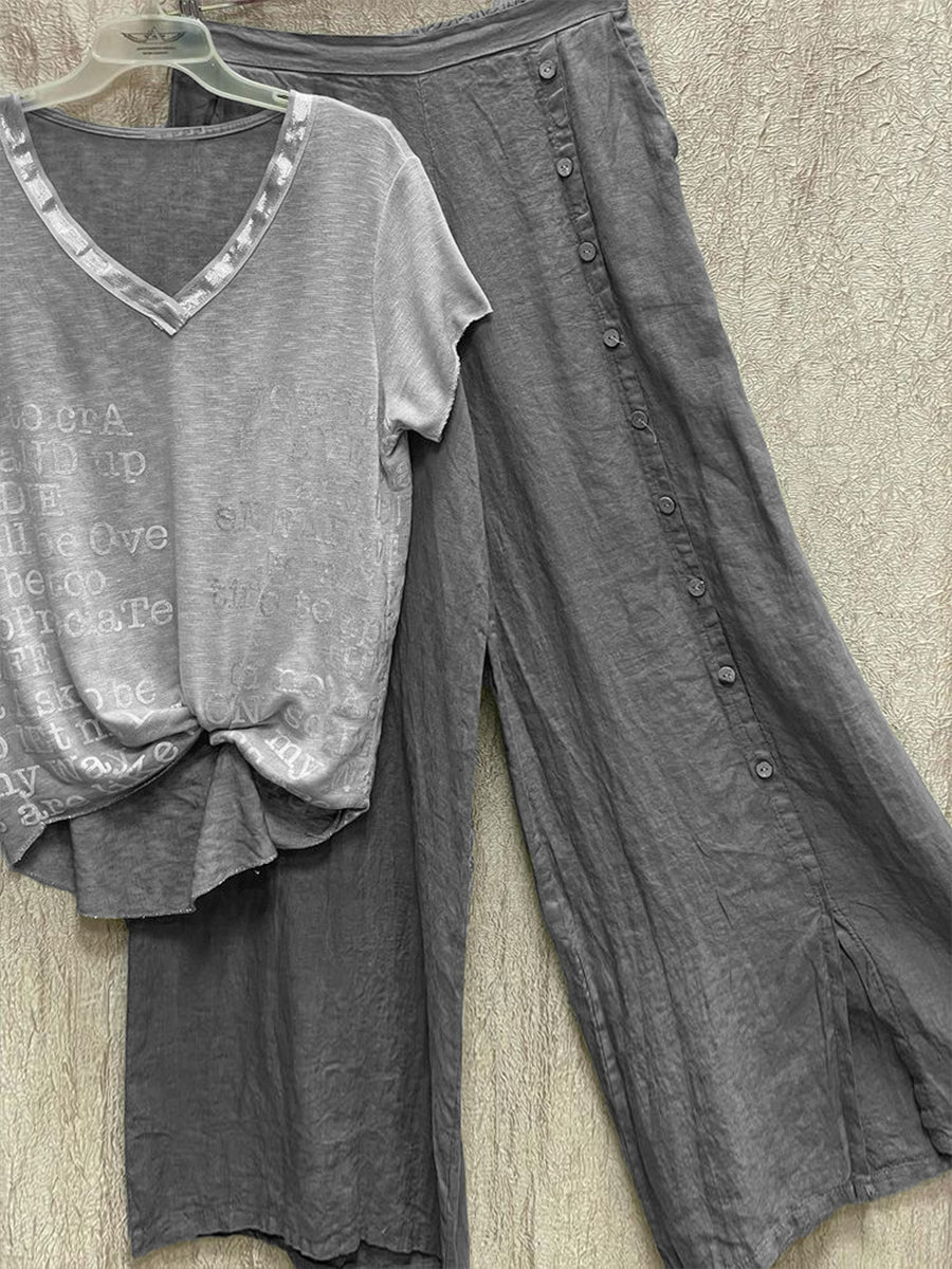 Printed V Neck Casual Top And Pants Two Piece Set-S.fashion