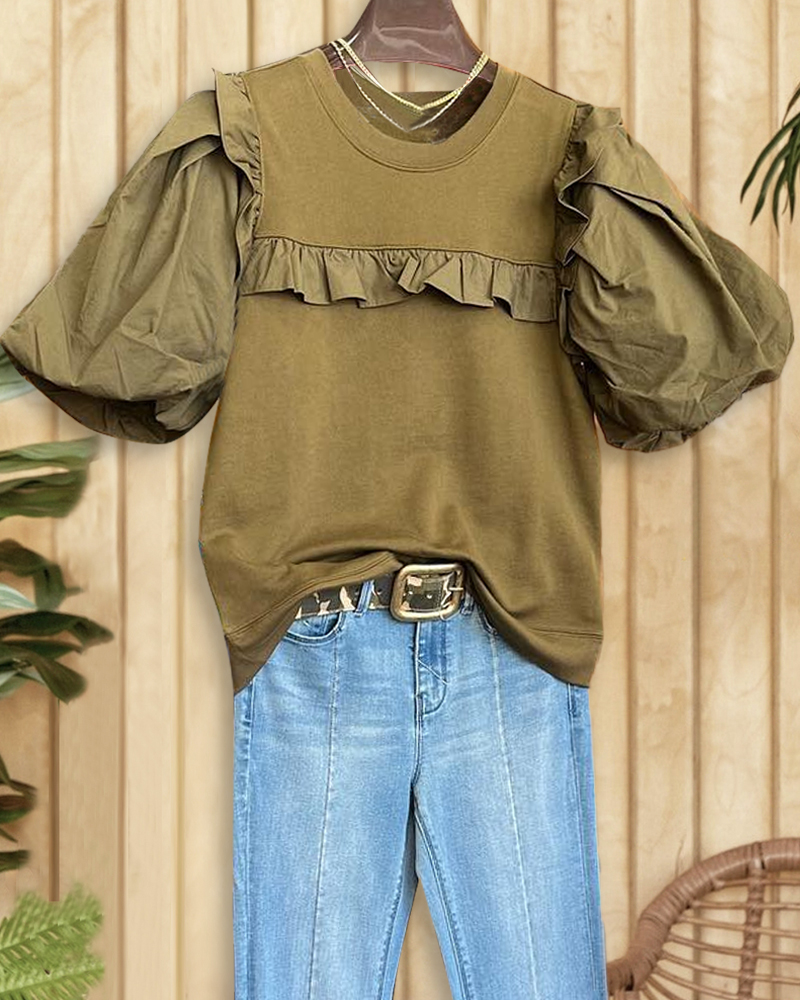 Solid Color Smart Ruffles Puff Sleeve T-Shirt-S.fashion