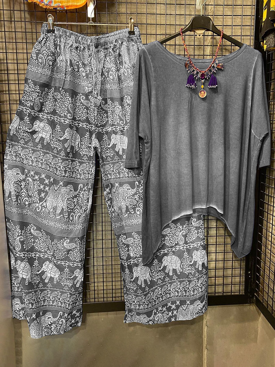 Short Sleeve Casual Top With Printed Pants Two-piece Set-S.fashion