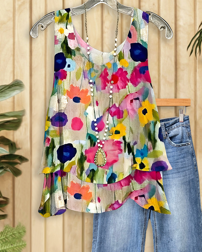 Floral Print Sleeveless Urban Tiered T-Shirt-S.fashion