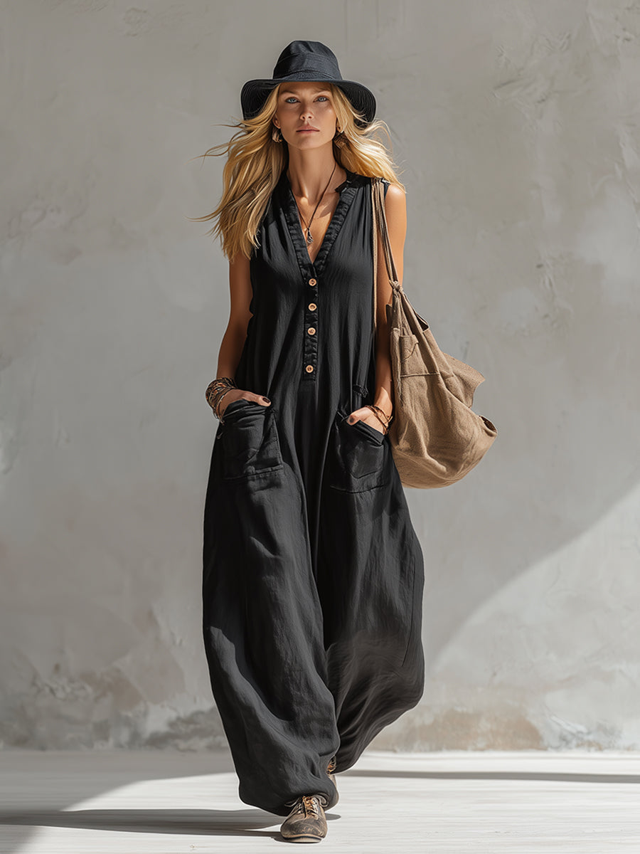 Elegant Urban-style Black Cotton And Linen Sleeveless Jumpsuit-S.fashion