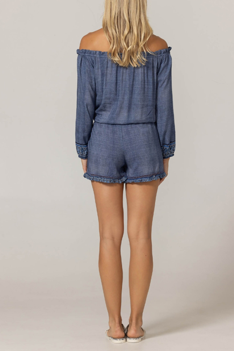 Women One-piece Collar Long Sleeved Patchwork Embroidered Casual Short Jumpsuit-S.fashion