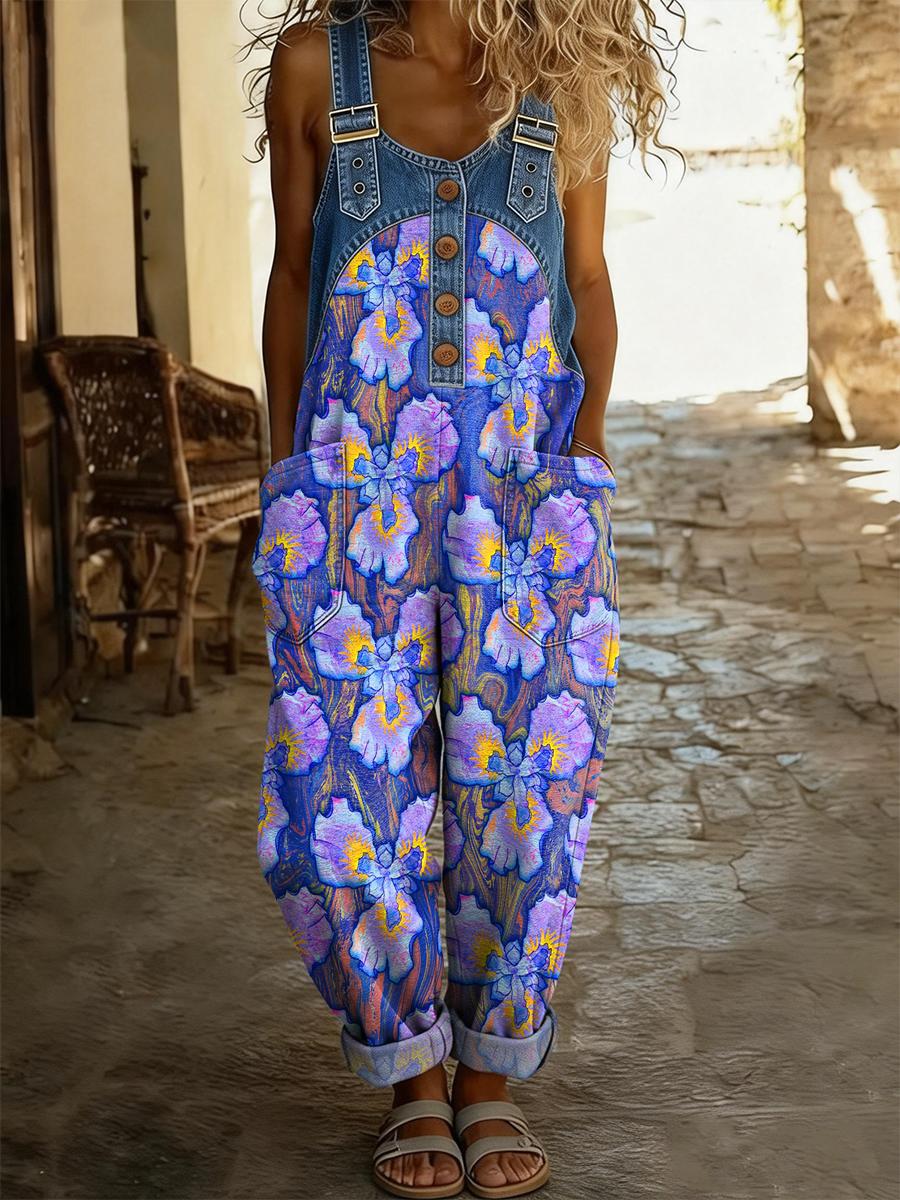 Women's Ethnic Floral Art Print Casual Strappy Denim Jumpsuit-S.fashion