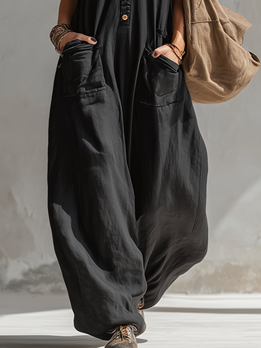 Elegant Urban-style Black Cotton And Linen Sleeveless Jumpsuit-S.fashion