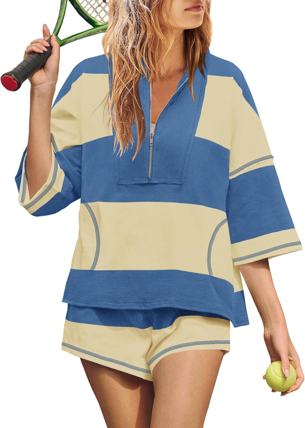 Women's Quarter Zip Color Block Top & Shorts Matching Set-S.fashion