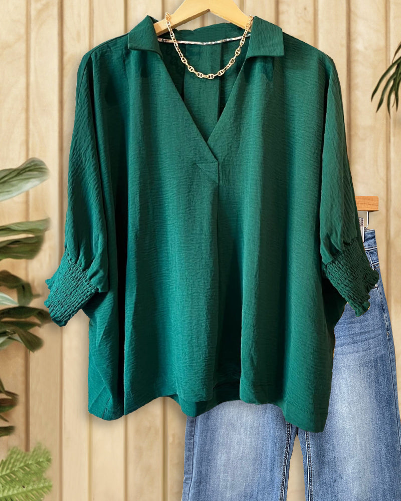 Solid Color Versatile V Neck Blouse-S.fashion