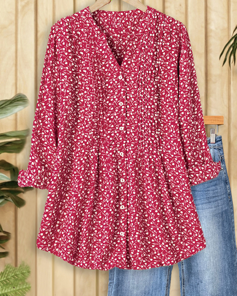 Heart Print Pastoral Pleated Detail Button Blouse-S.fashion