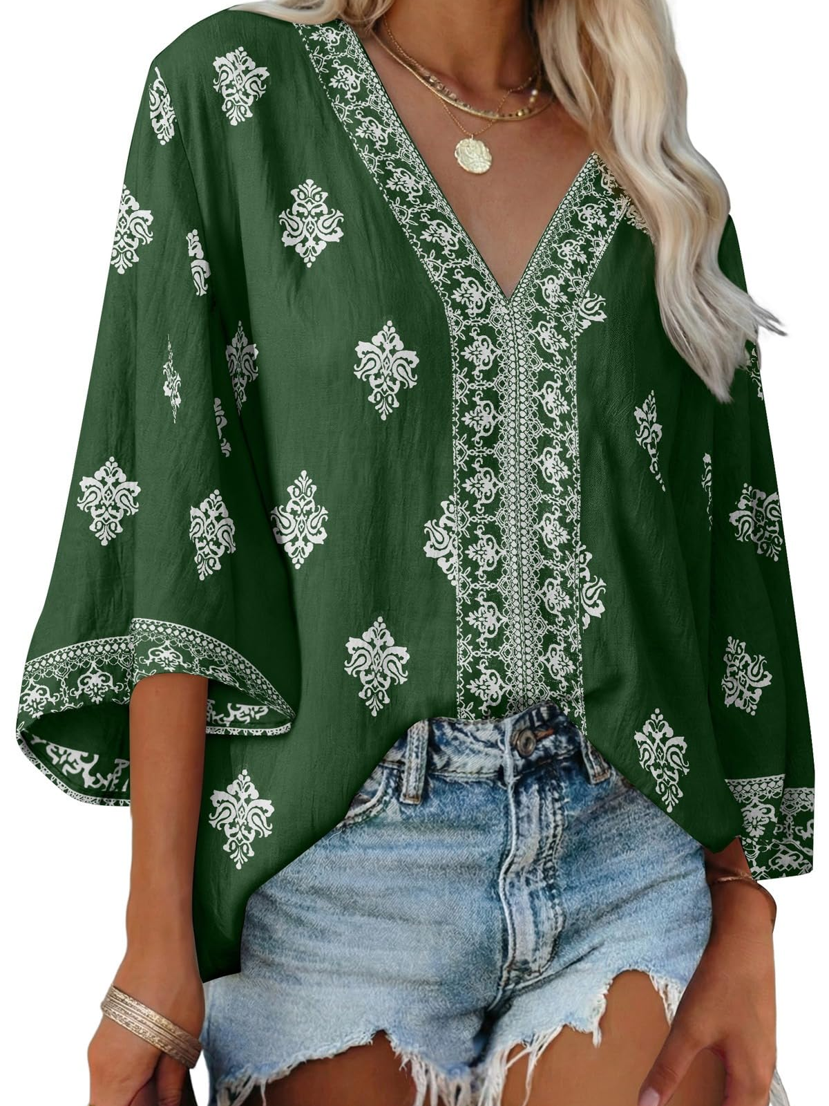 Women's Boho Embroidered V-Neck 3/4 Sleeve Blouse-S.fashion