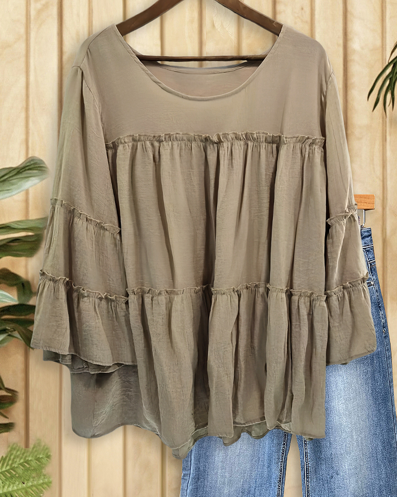 Solid Color Bell Sleeve Classic Tiered Blouse-S.fashion