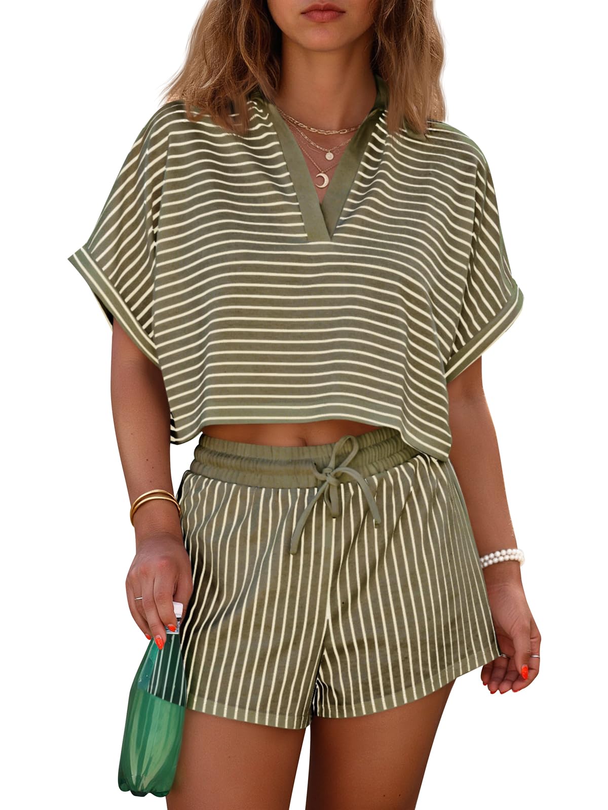 Womens Striped 2 Piece Short Sets Summer Short Sleeve Collared-S.fashion