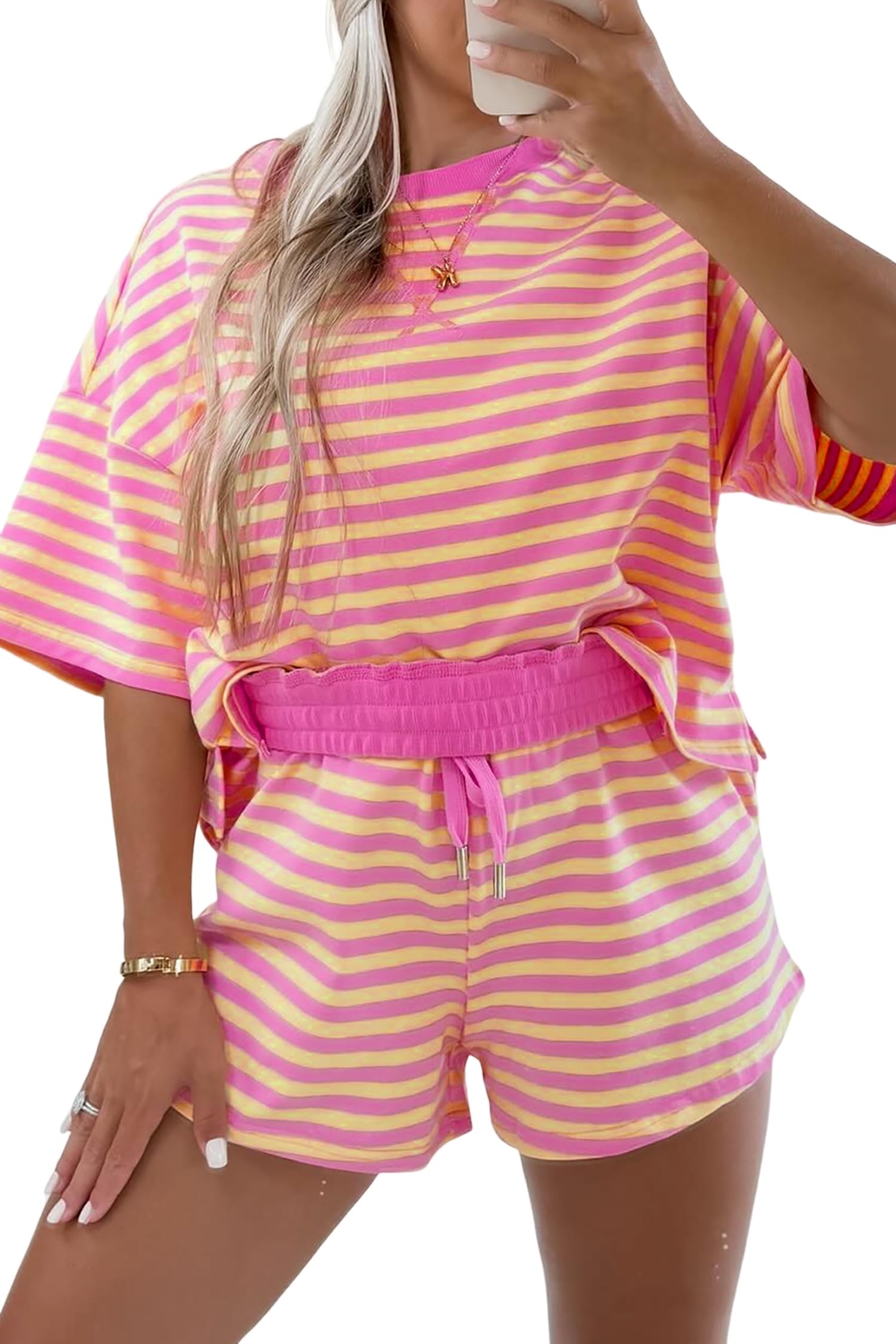 Women's Stripe Drop Shoulder Boxy Casual Terry Short Set-S.fashion