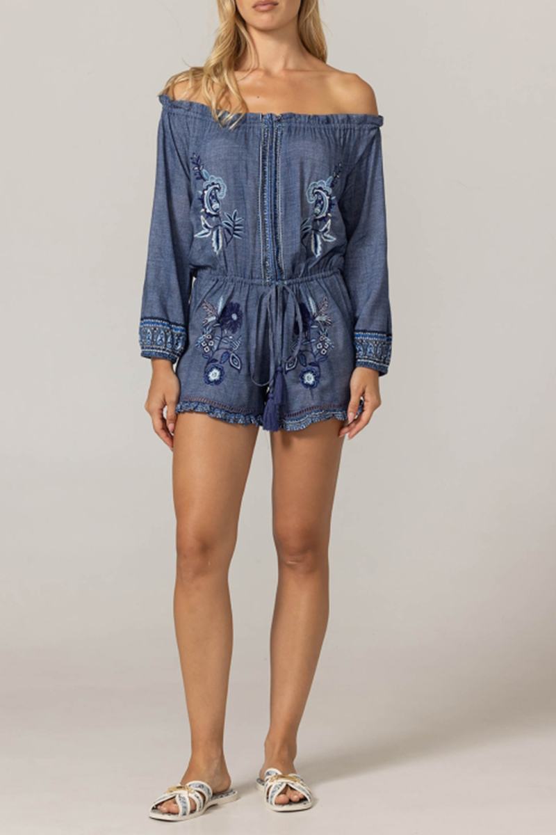 Women One-piece Collar Long Sleeved Patchwork Embroidered Casual Short Jumpsuit-S.fashion