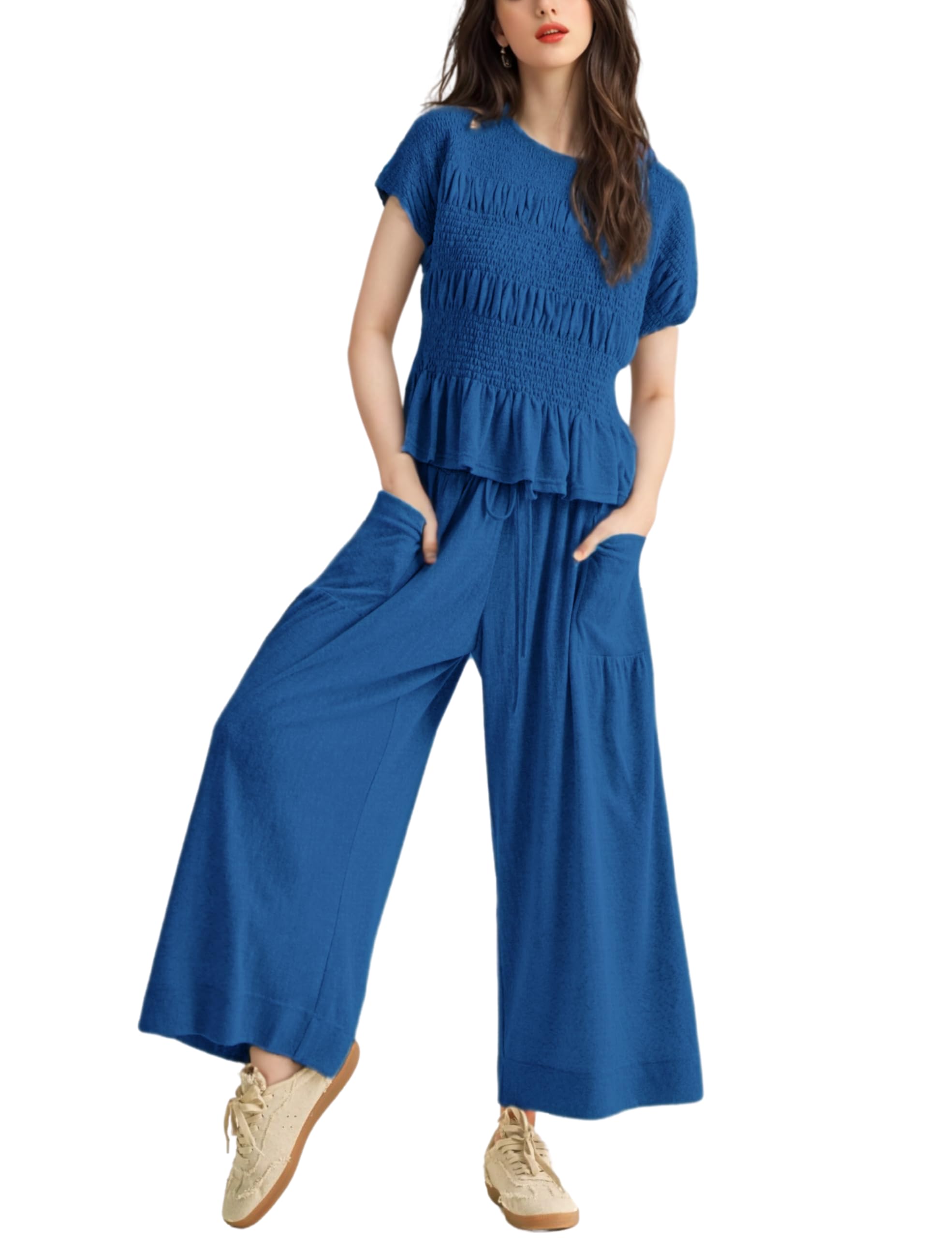 Women's Pleated Top Wide Leg Pants Set with Pockets-S.fashion