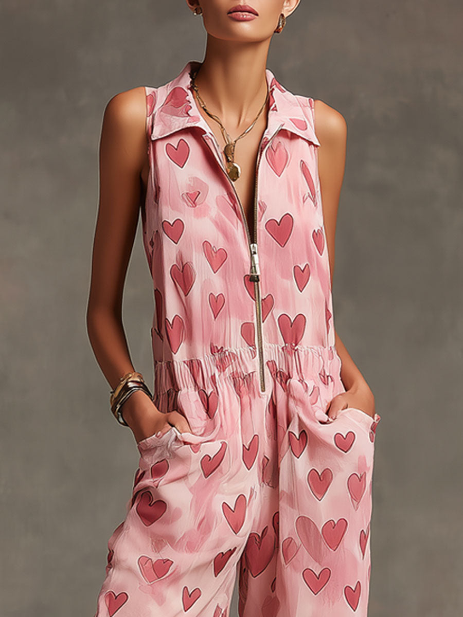 Retro Pink Heart Chiffon Sleeveless Wide-Leg Jumpsuit-S.fashion