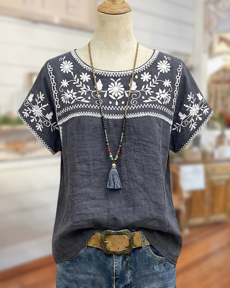 Floral Embroidery Ethnic Round Neck T-Shirt
