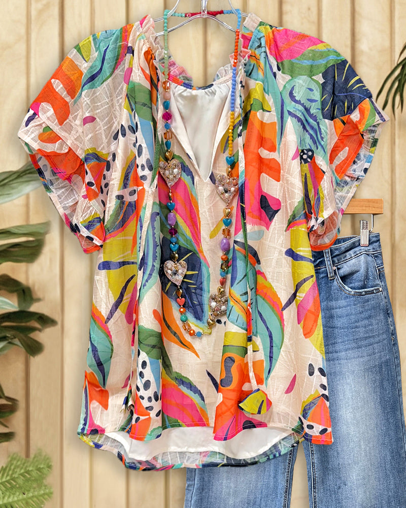 Floral Print Tropical Tie Neck Blouse-S.fashion