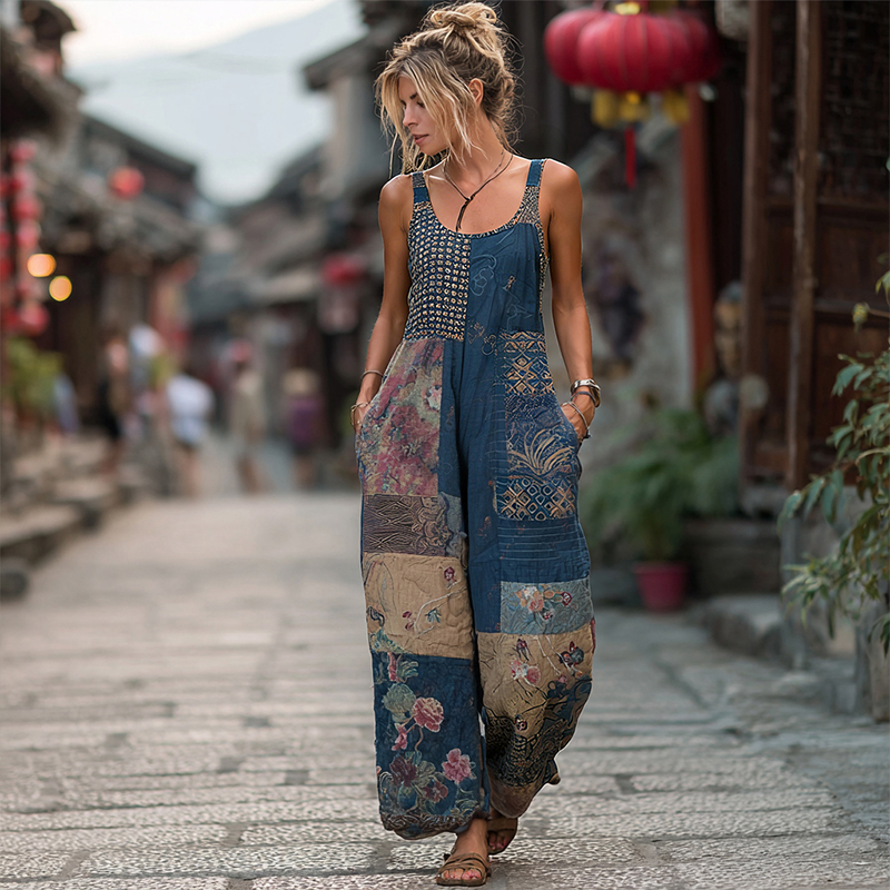 Women's style Floral Linen Sleeveless Jumpsuit-S.fashion
