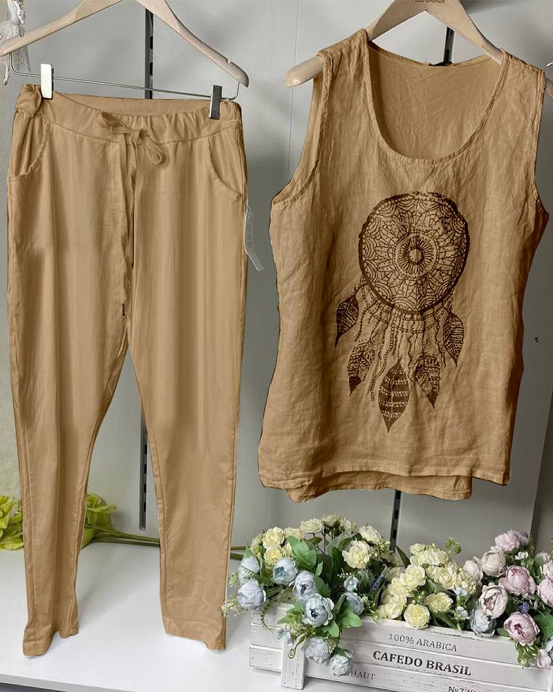 Women's Dreamcatcher Print Sleeveless Casual Two-piece Suits-S.fashion