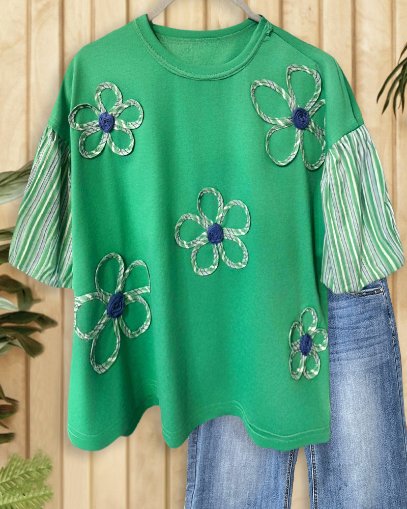 Floral Applique Striped Patchwork Classic Drop-Shoulder T-Shirt-S.fashion