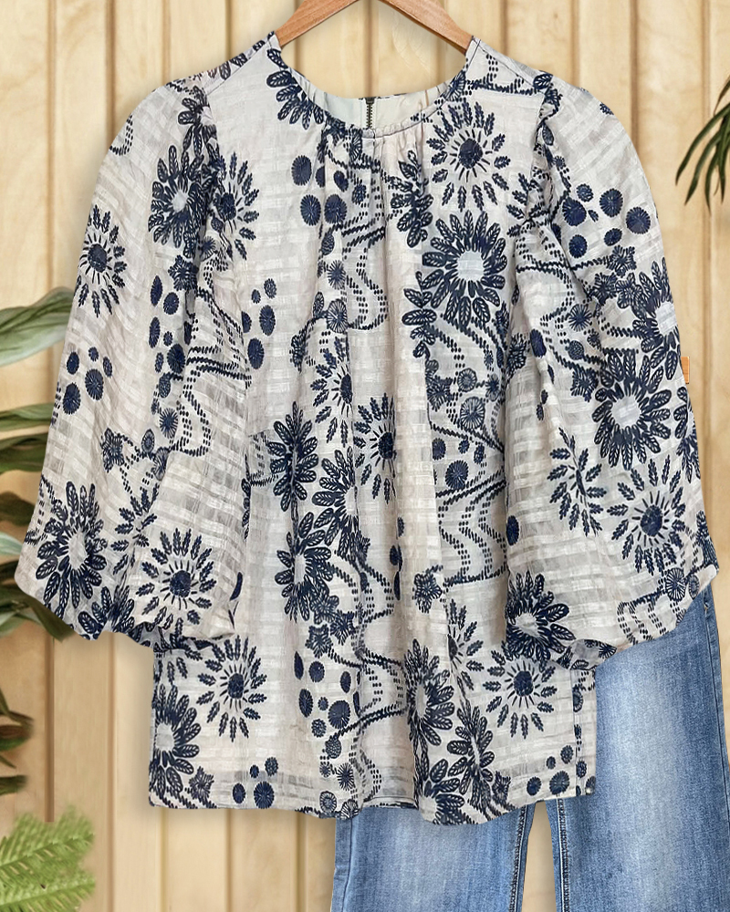 Floral Print Urban Puff Sleeve Round Neck Blouse-S.fashion