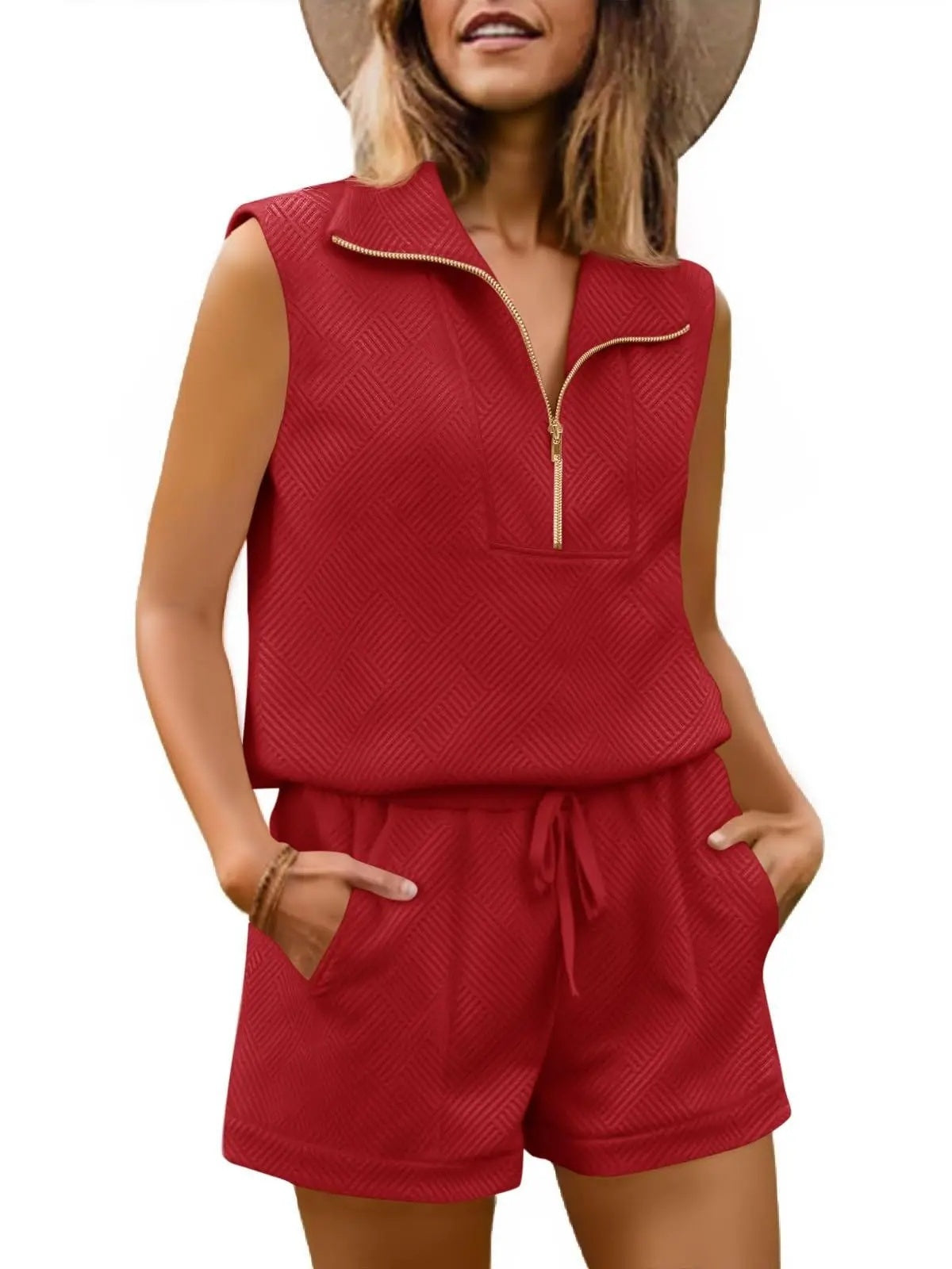 Womens 2 Piece Outfits  extured Quarter-Zip Sleeveless Tops with Shorts-S.fashion