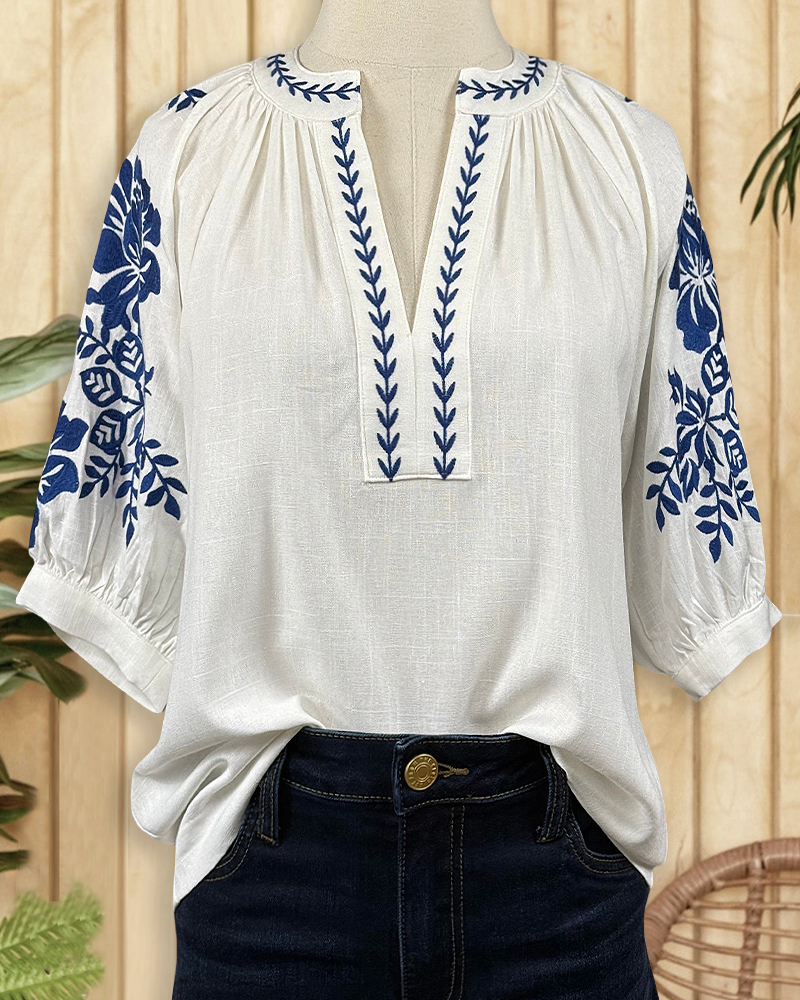 Floral Embroidery Classic V Neck Blouse-S.fashion