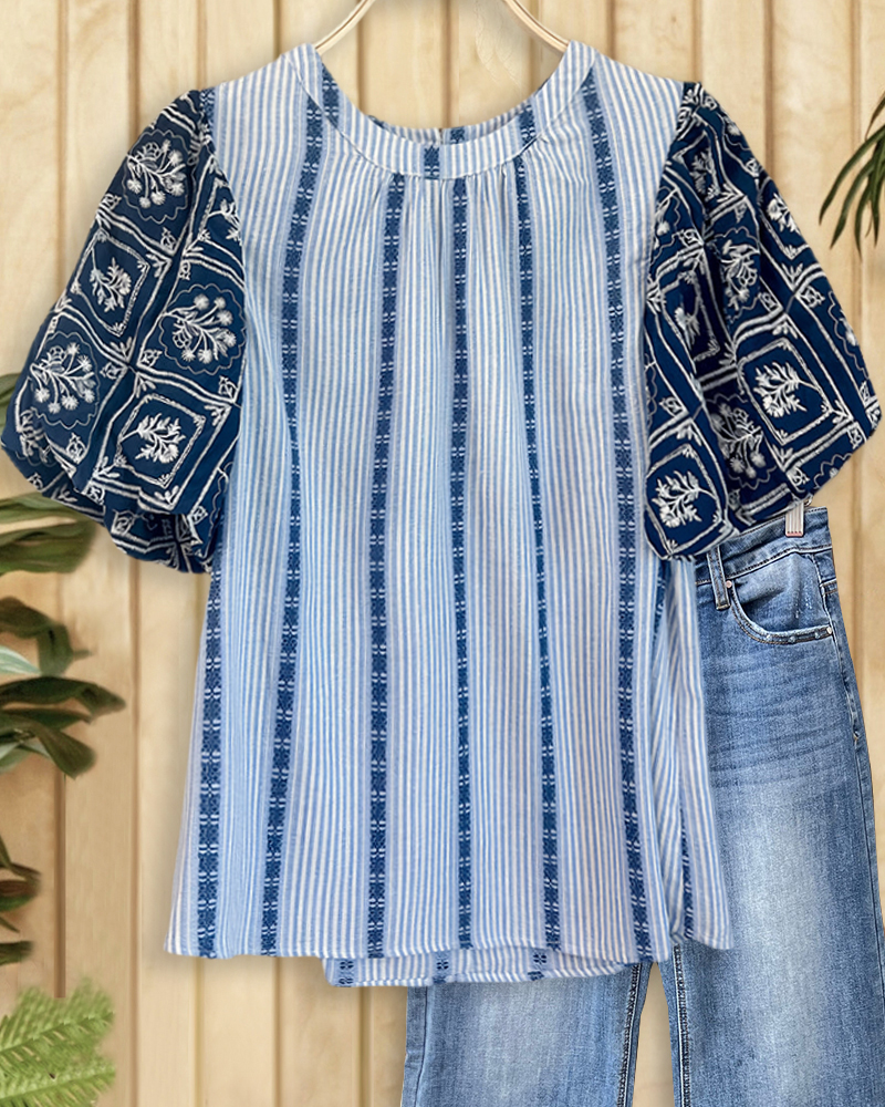 Mixed Print Retro Round Neck Puff Sleeve Blouse-S.fashion