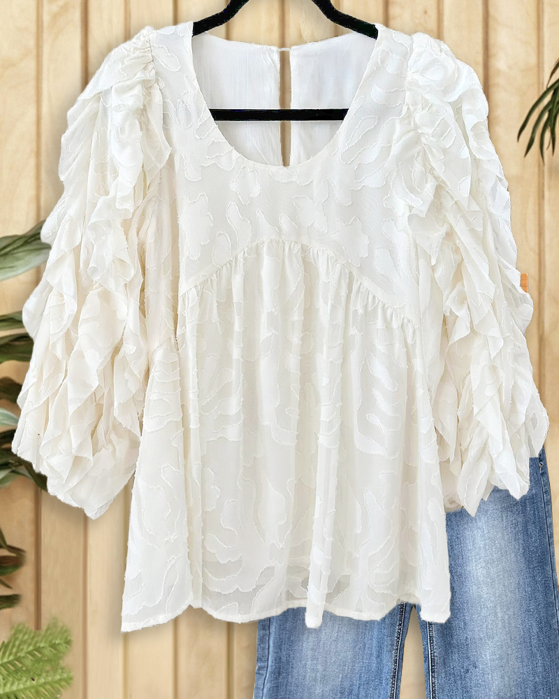 Solid Color Burn-Out Sweet Ruffles Blouse-S.fashion