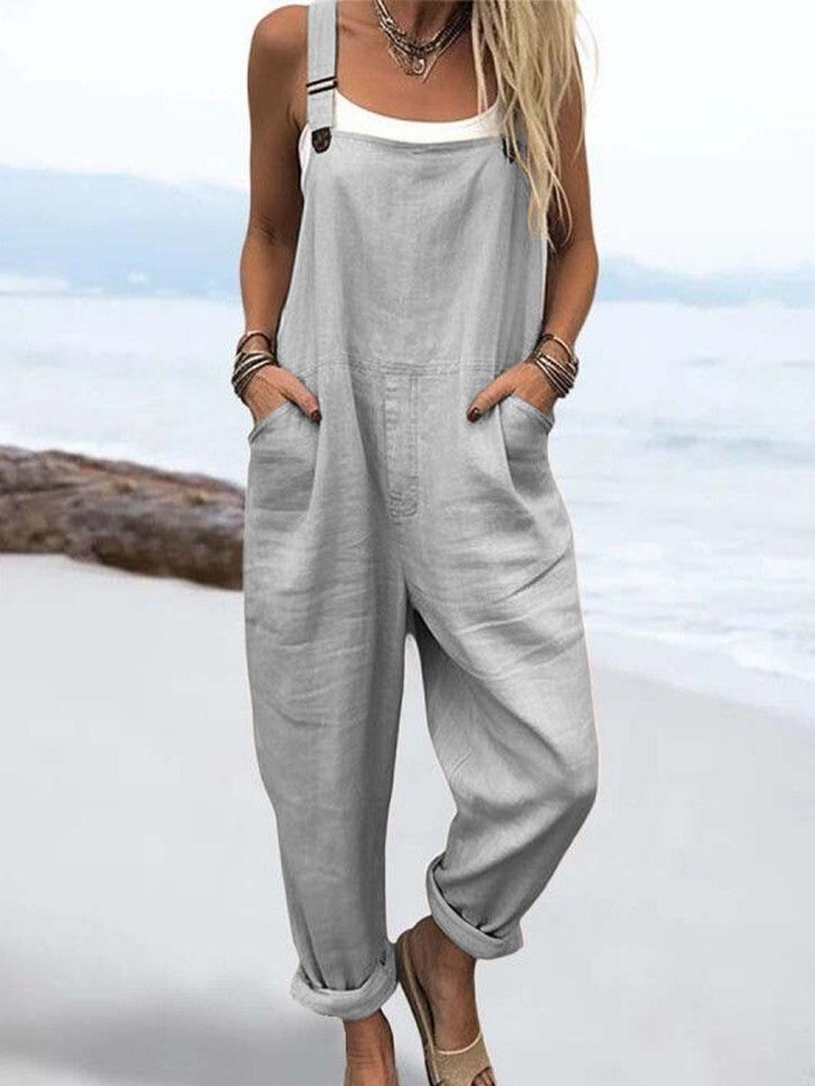 Wome's Vacation Retro  Casual Cotton Linen Wide Leg Jumpsuit-S.fashion